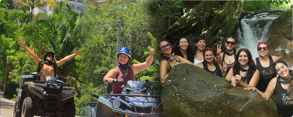 Grupo de amigos disfrutando de su viaje a Puerto Vallarta, compartiendo momentos en la playa con el mar de fondo.